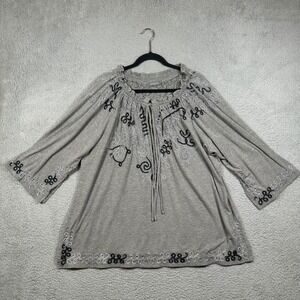 Essentials Gray Embellished Peasant Blouse Soutache Boho Top 3/4 Sleeve XL Gypsy
